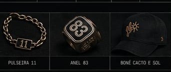 Acessórios oficiais: corrente com pingente DDD ALTO, pulseira 11, anel 83 e boné cacto e sol