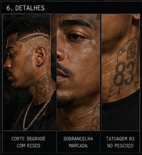 Detalhes oficiais: corte degradê com risco, sobrancelha marcada e tatuagem 83 no pescoço