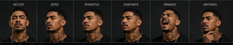 Seis expressões oficiais de DDD ALTO: neutro, sério, pensativo, confiante, rimando e gritando