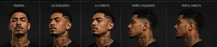 Referências faciais de DDD ALTO: frontal, 3/4 esquerdo, 3/4 direito, perfil esquerdo e perfil direito