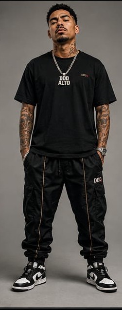 DDD ALTO de frente, camiseta preta oversized com logo DDD ALTO e calça cargo preta