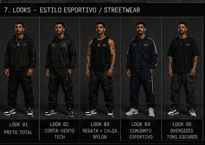 Cinco looks oficiais de streetwear esportivo em tons escuros
